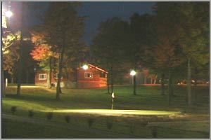 9th green at night with clubhouse in background